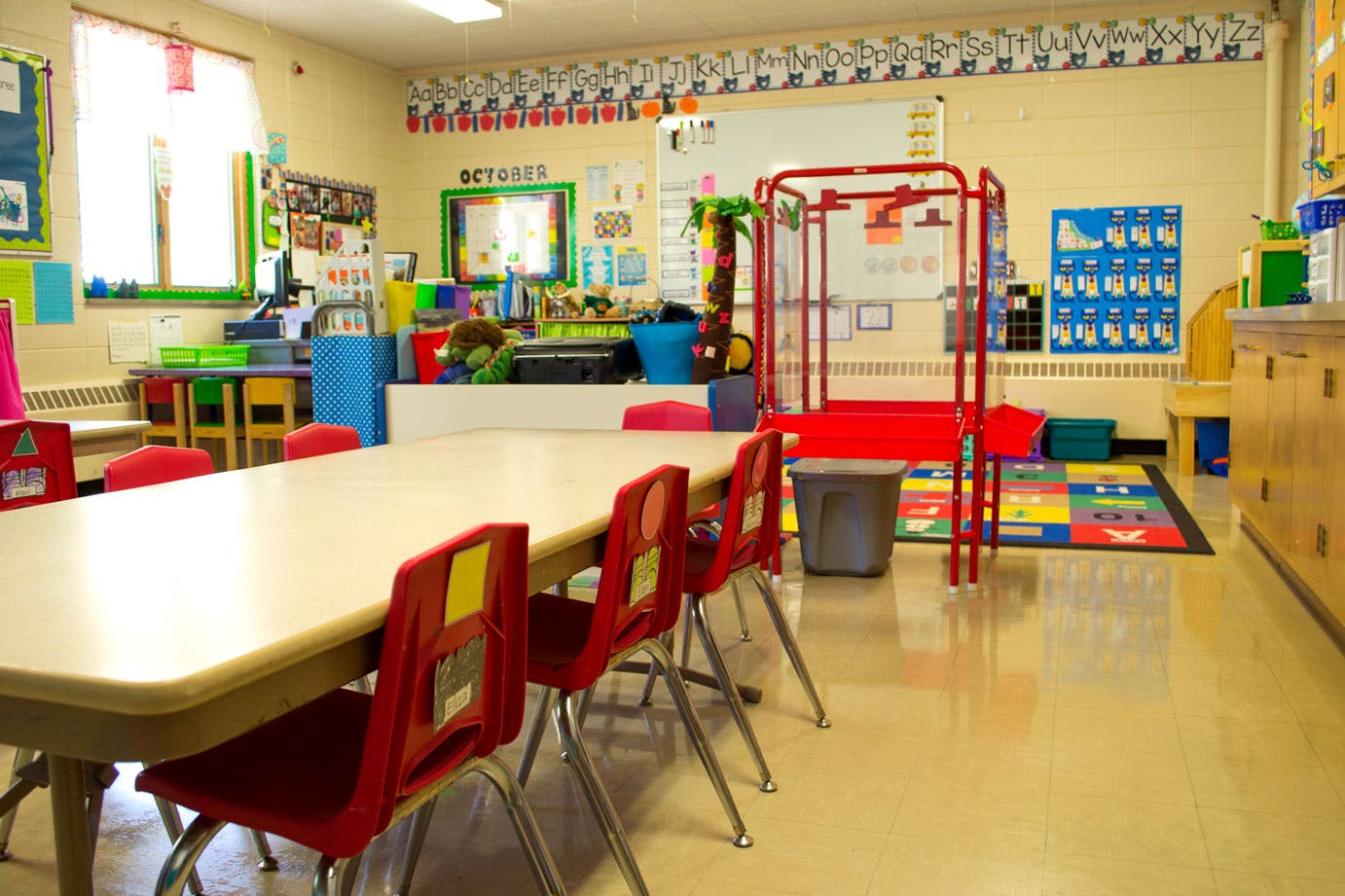 Classroom with tables and chairs