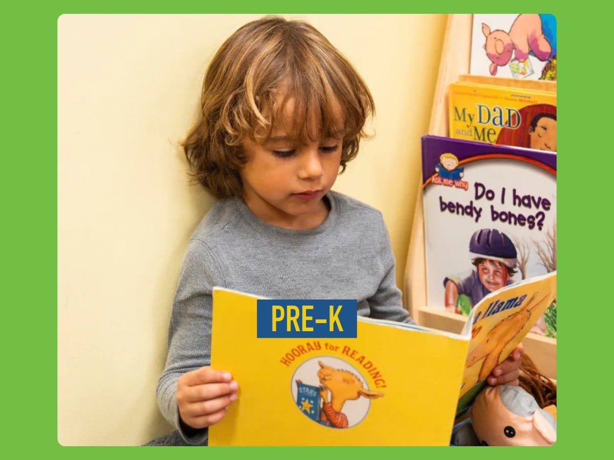 child reading a book titled "PRE-K Hooray for Reading"