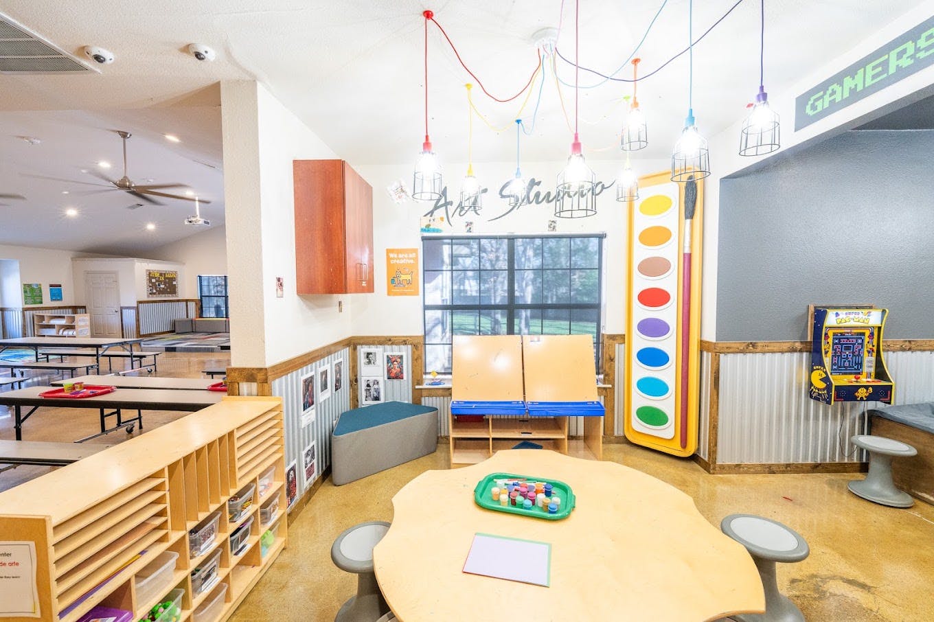 Colorful art studio activity room for children