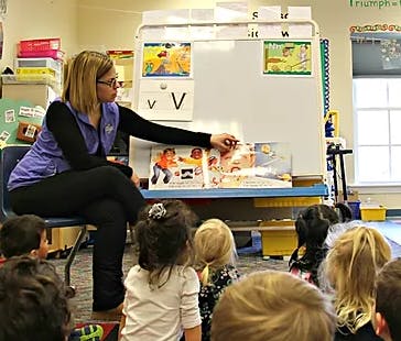 Adult reading a book to a group of children in a classroom