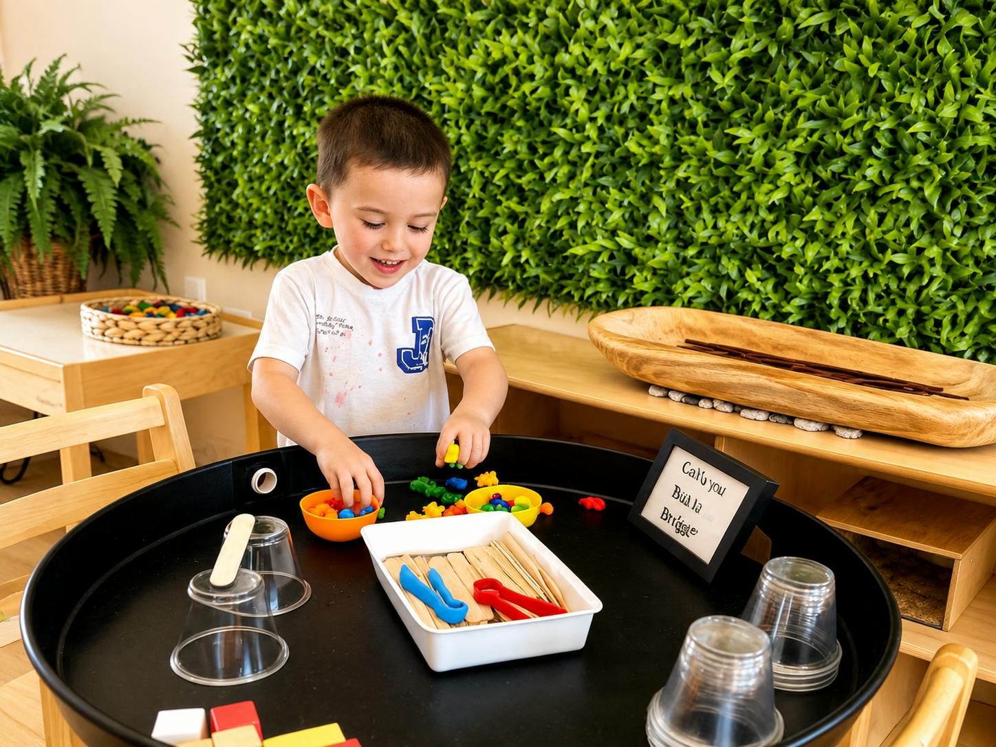 Child playing with small toys and craft sticks at a round table