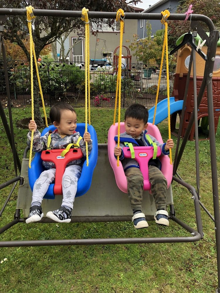 Two children sitting in swings