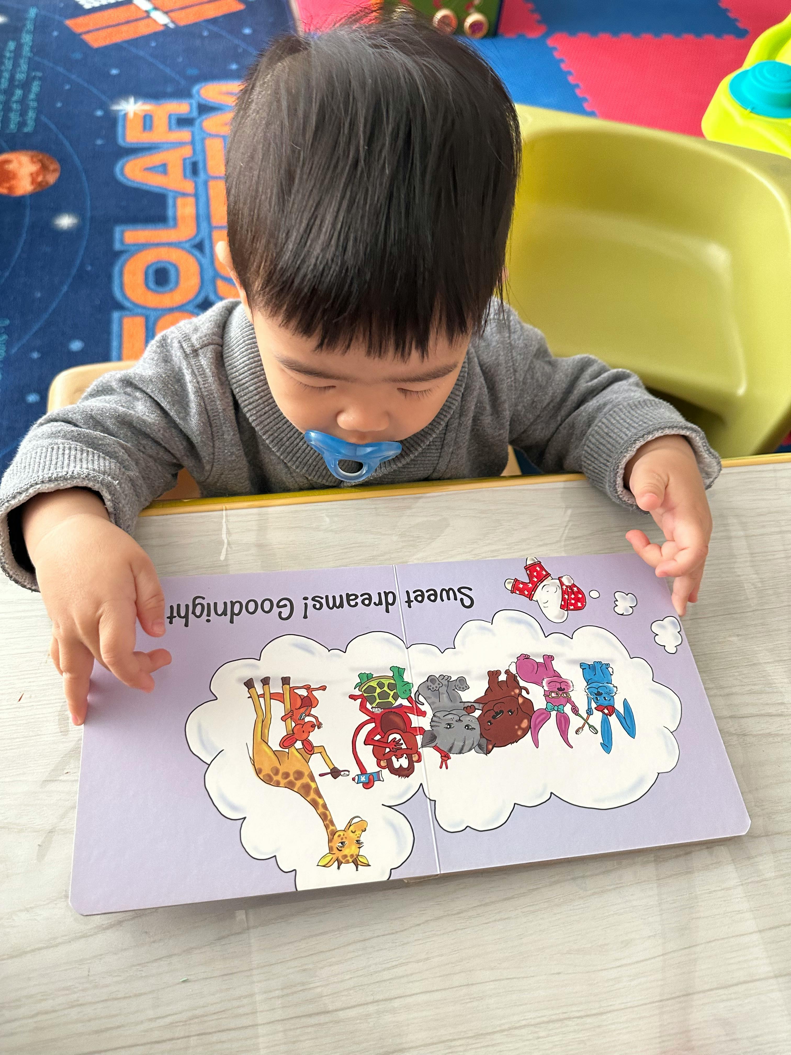 Child with pacifier looking at an open book with animal illustrations