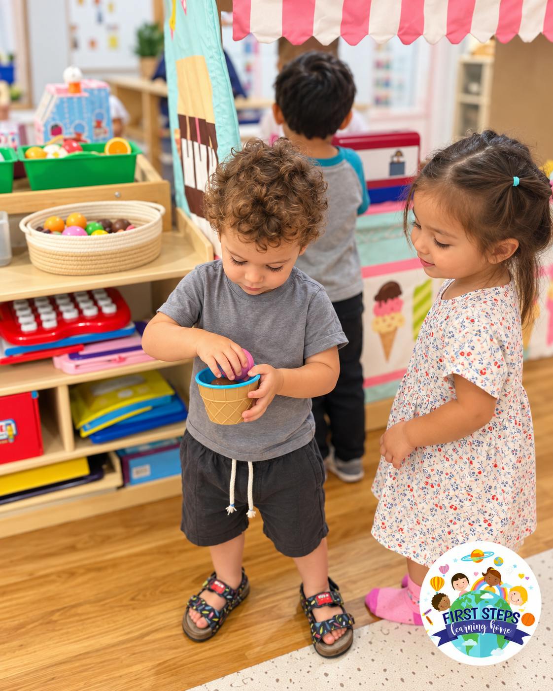 Children playing with toy food in a classroom
