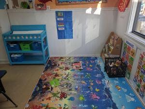 Playroom with a colorful rug and blue storage shelves