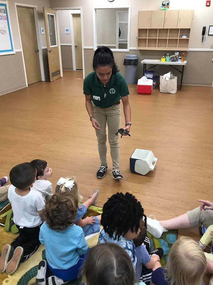 Person holding a small turtle for a group of children sitting on the floor