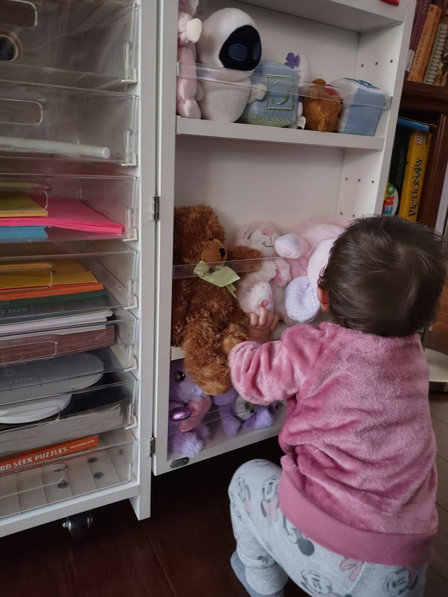 Child reaching into a shelf filled with stuffed animals