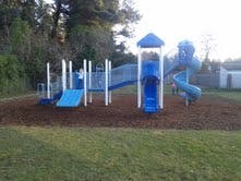 Blue and white playground equipment on wood chips