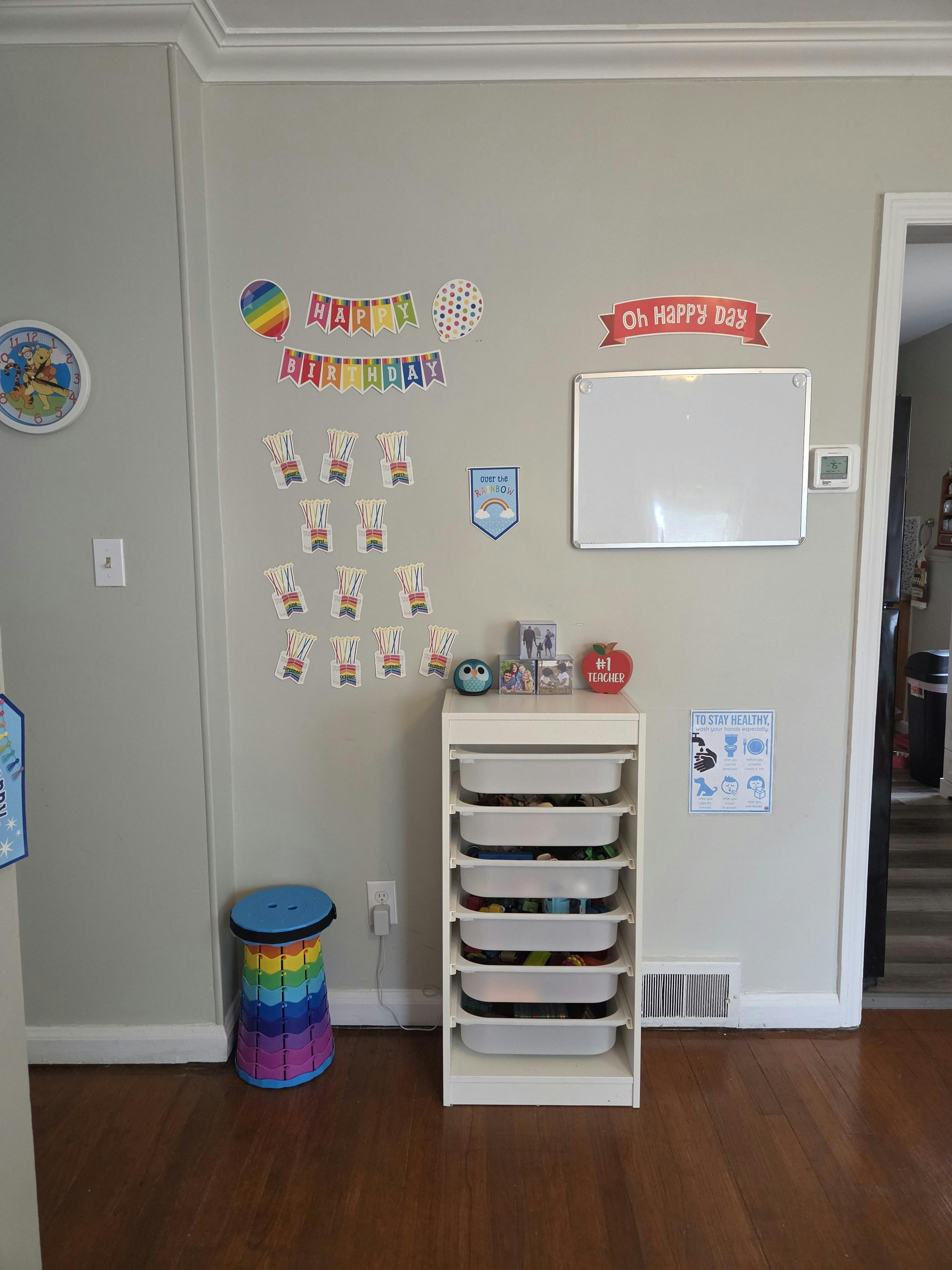 Classroom wall with birthday decorations, a whiteboard, and a storage organizer