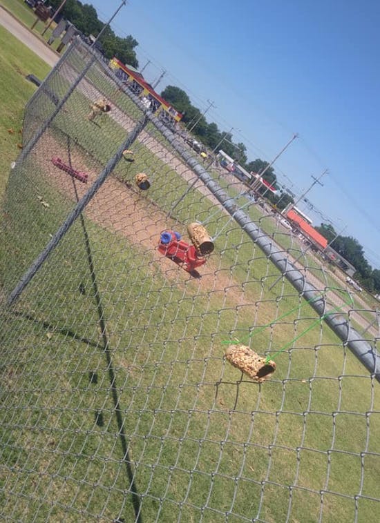 Chain link fence with a red toy truck and other objects on the ground