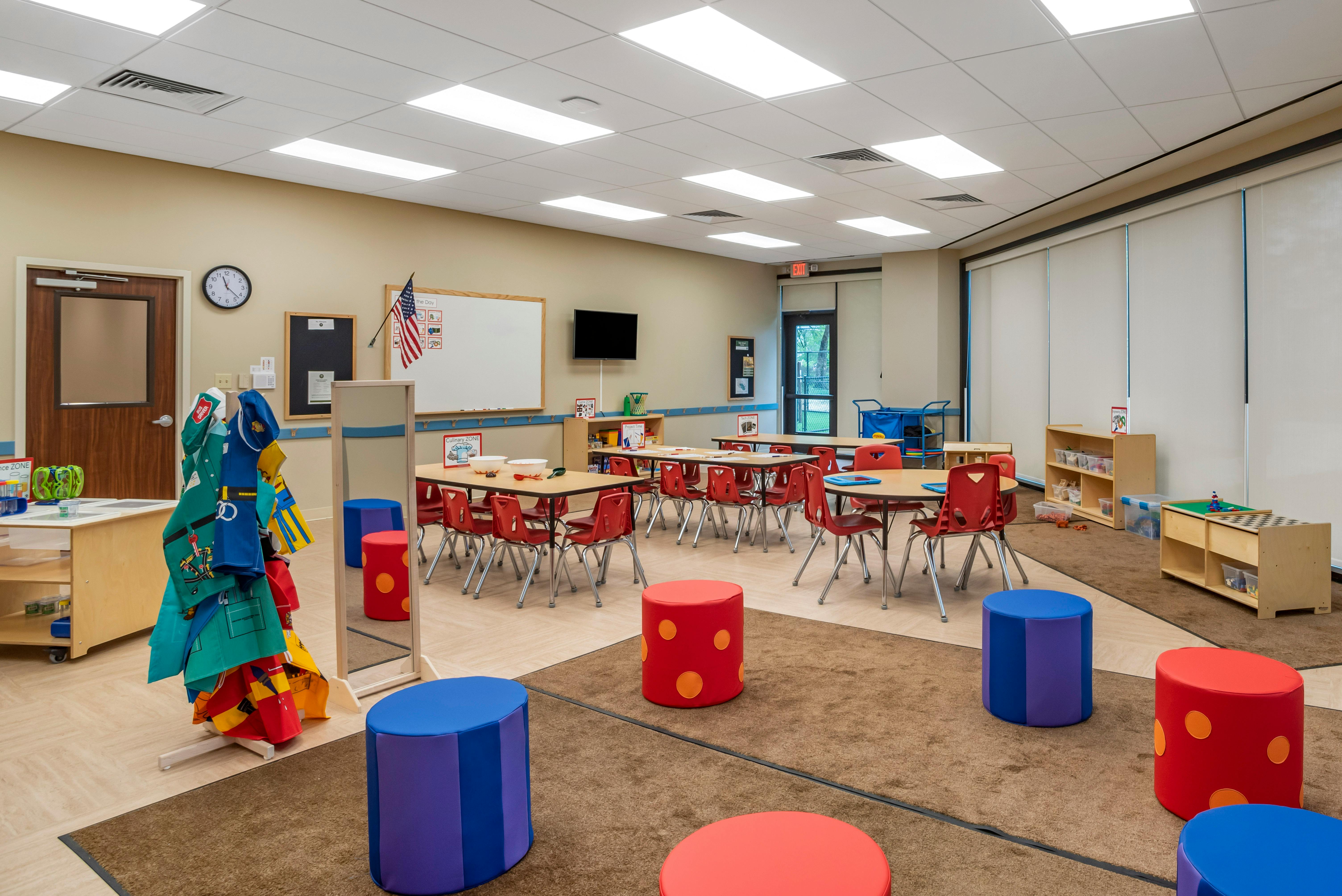 Classroom with small tables and chairs