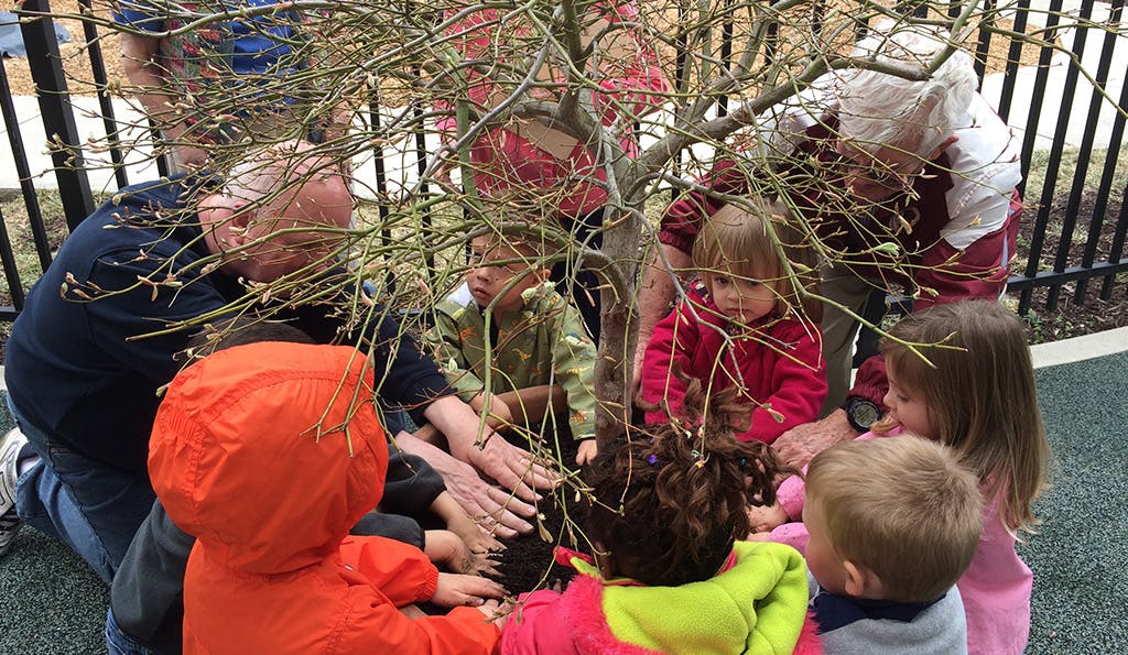 Adults and children gathered around a small tree