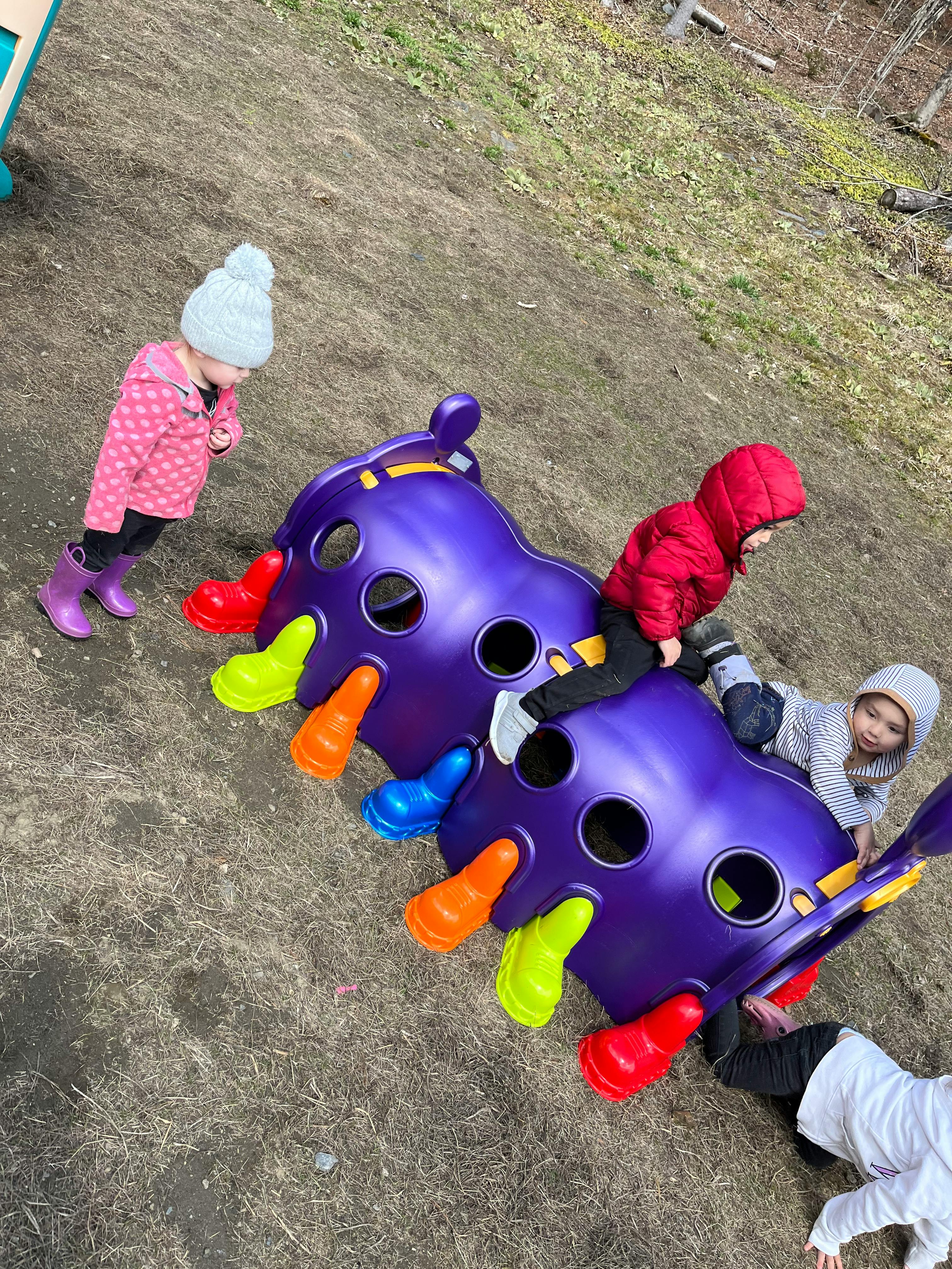 Children playing on a purple caterpillar climbing toy outdoors