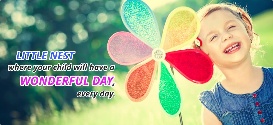 Child next to a colorful pinwheel, text "LITTLE NEST WONDERFUL DAY"