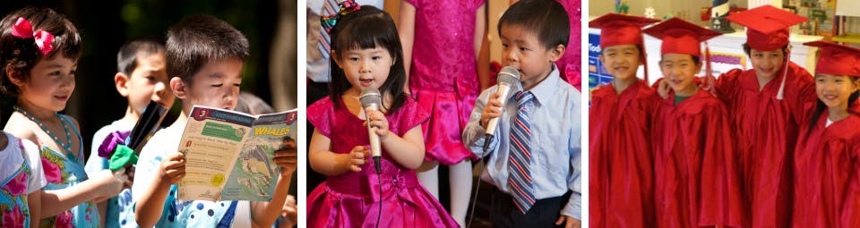 Children reading, singing into microphones, and wearing graduation caps and gowns