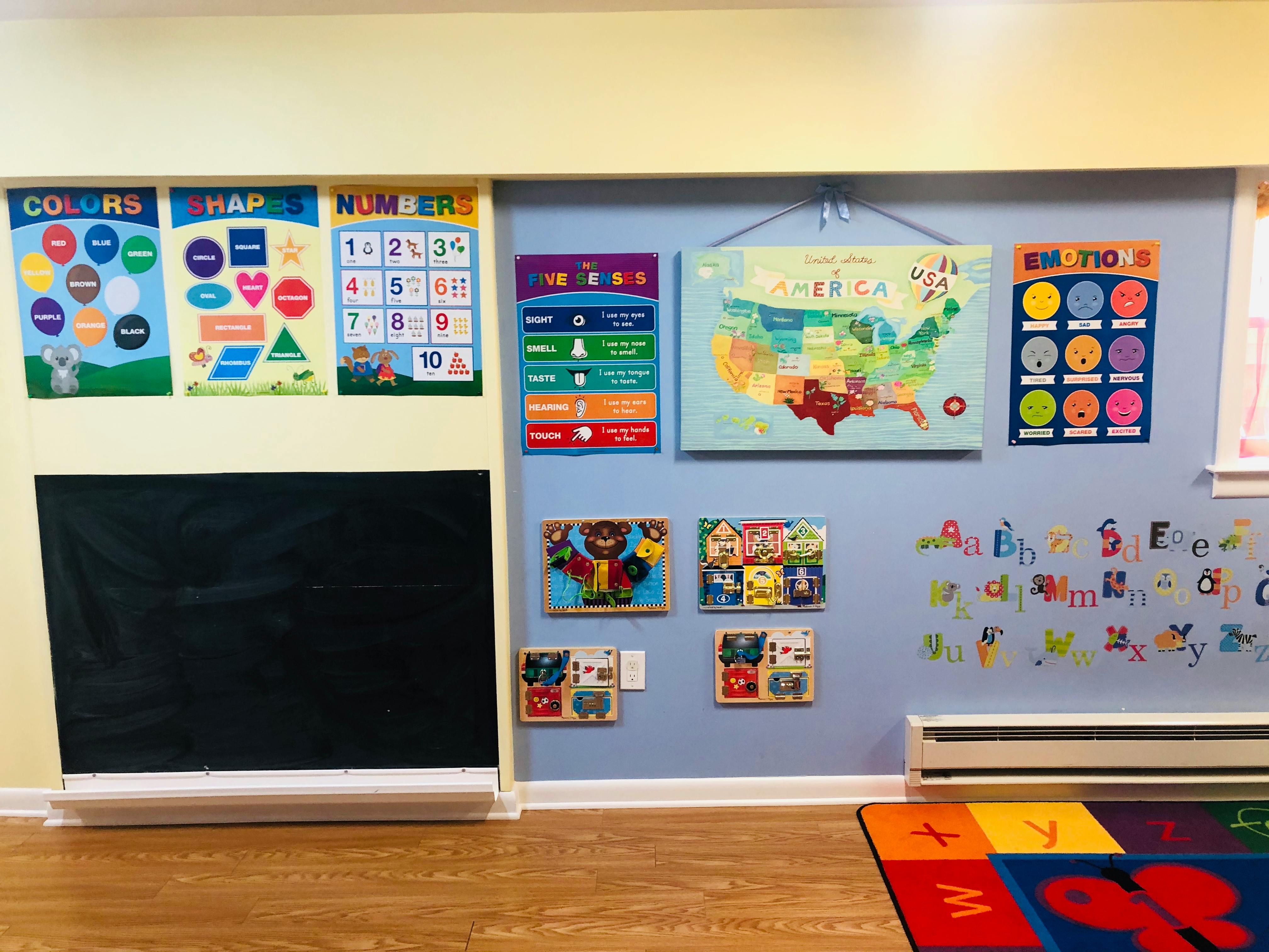 Classroom wall with educational posters, a map of America, and a blackboard