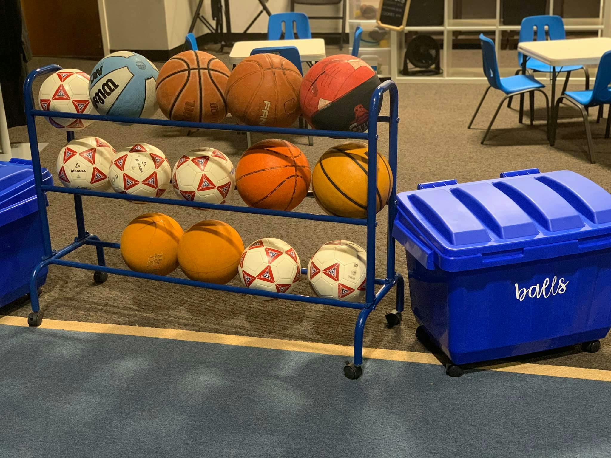 Sports balls on a rack and in a blue bin