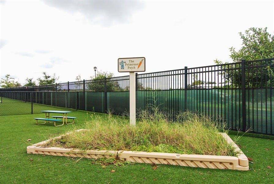 Sign with text "Dog park rules" in a grassy area with a fence
