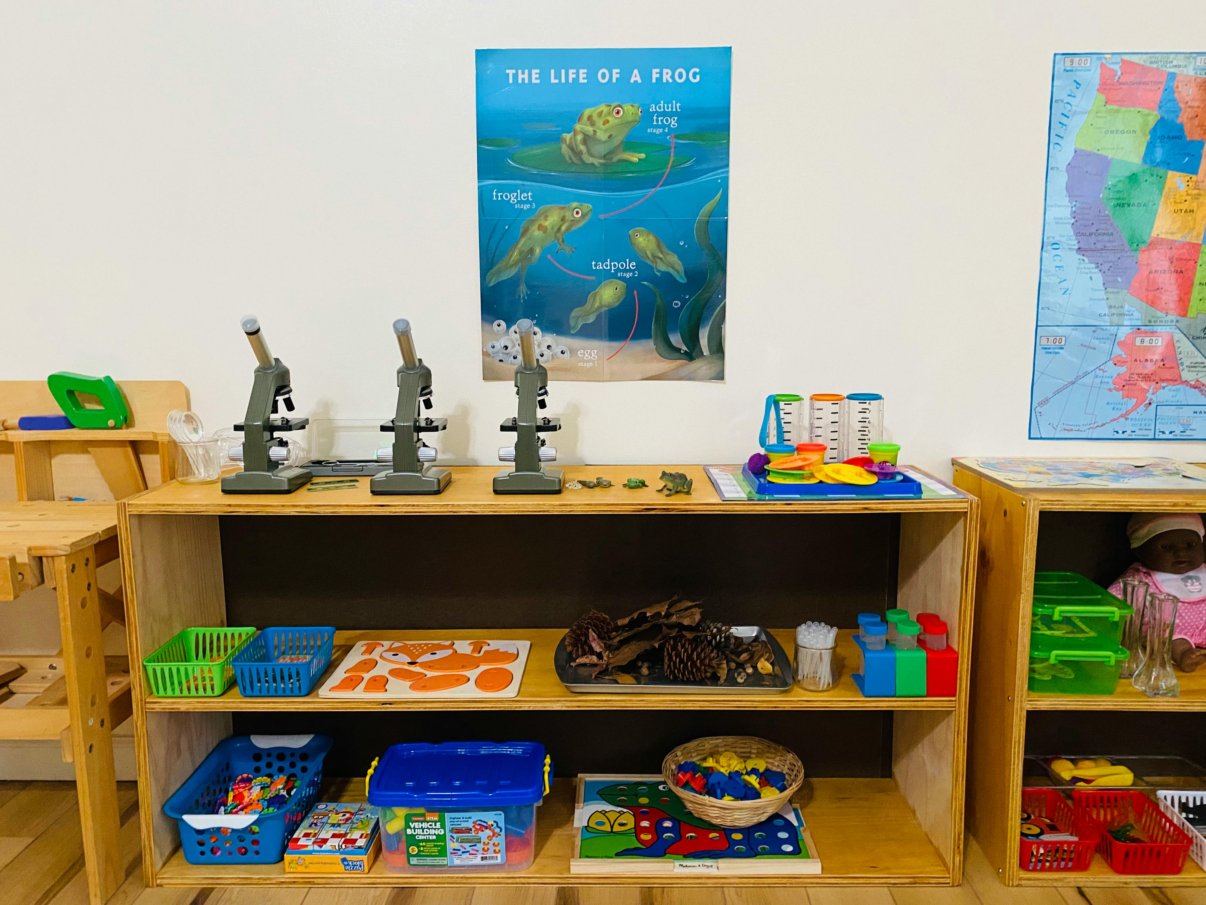 Microscopes and learning materials on shelves in a classroom