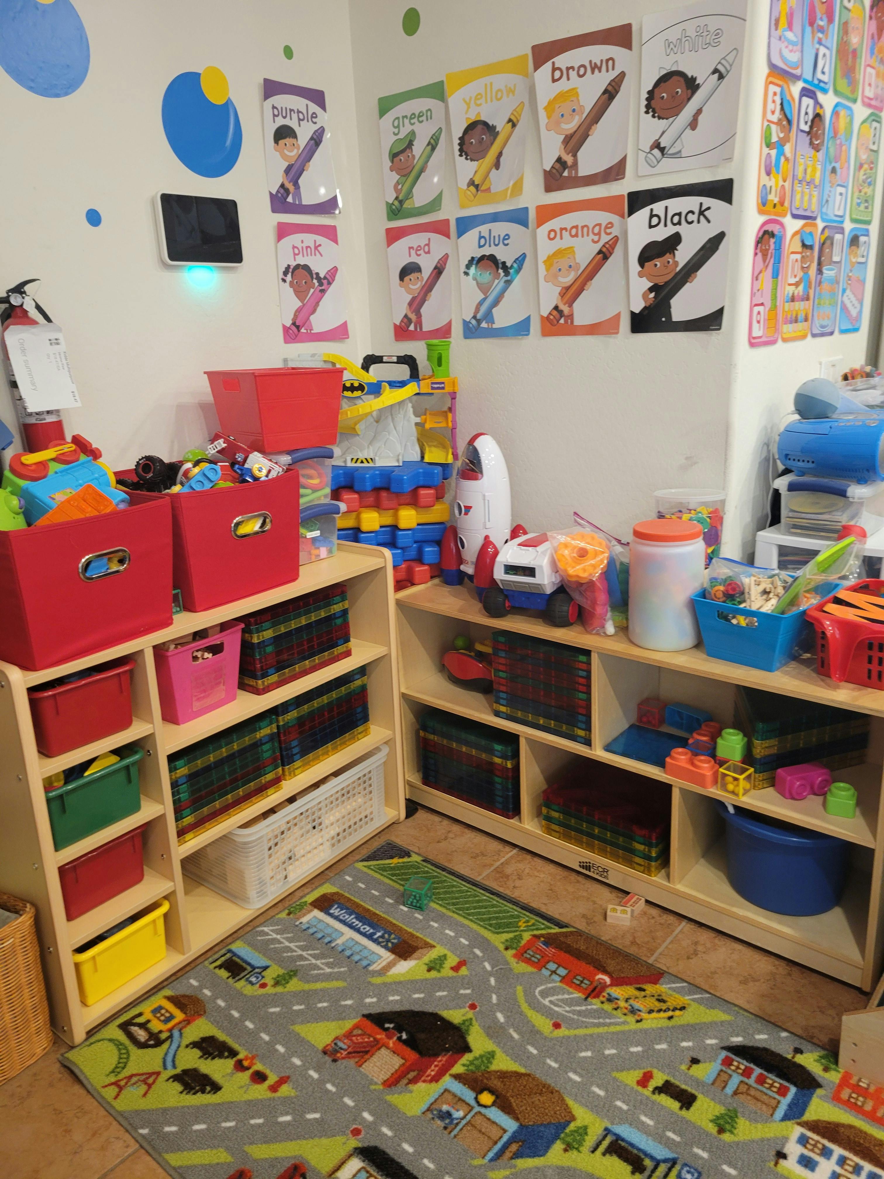 Playroom with shelves of toys and books, road map rug on floor