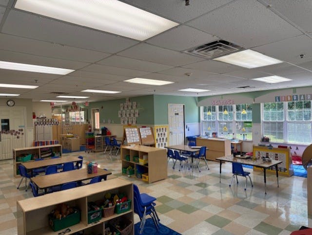 Empty classroom with small tables and chairs
