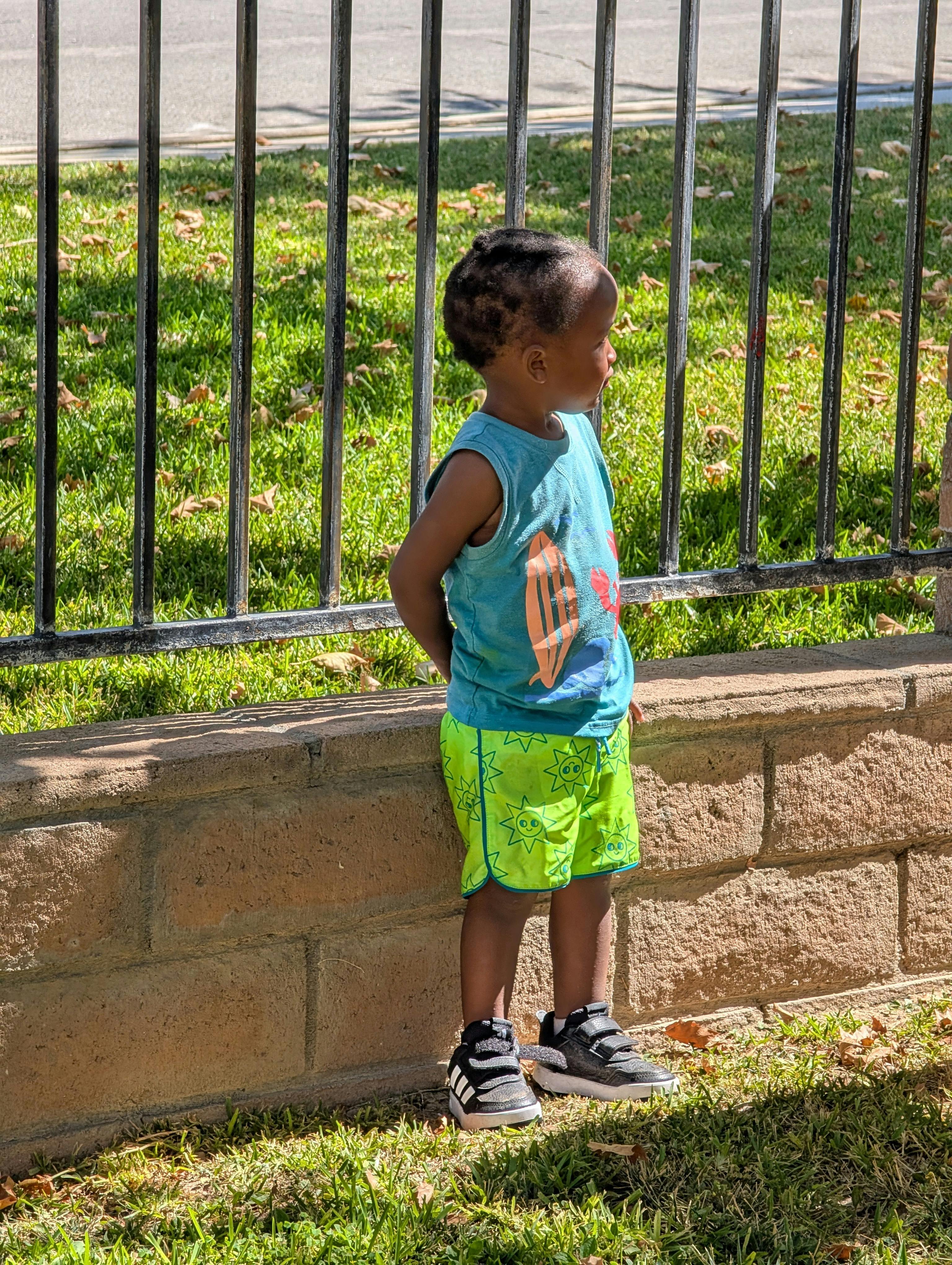 A young child standing by a stone wall next to a metal fence