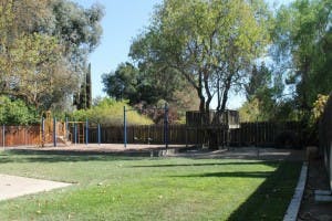 Empty playground with swings and climbing structure