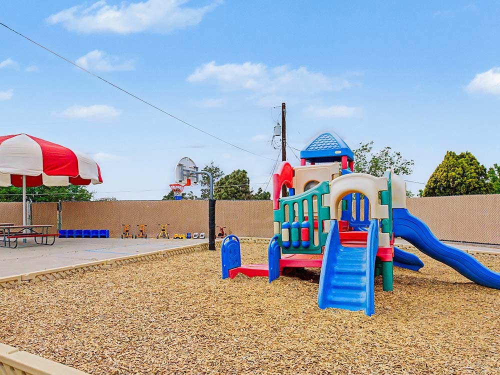 Children's playground with slides, climbing structure, basketball hoop, and picnic table