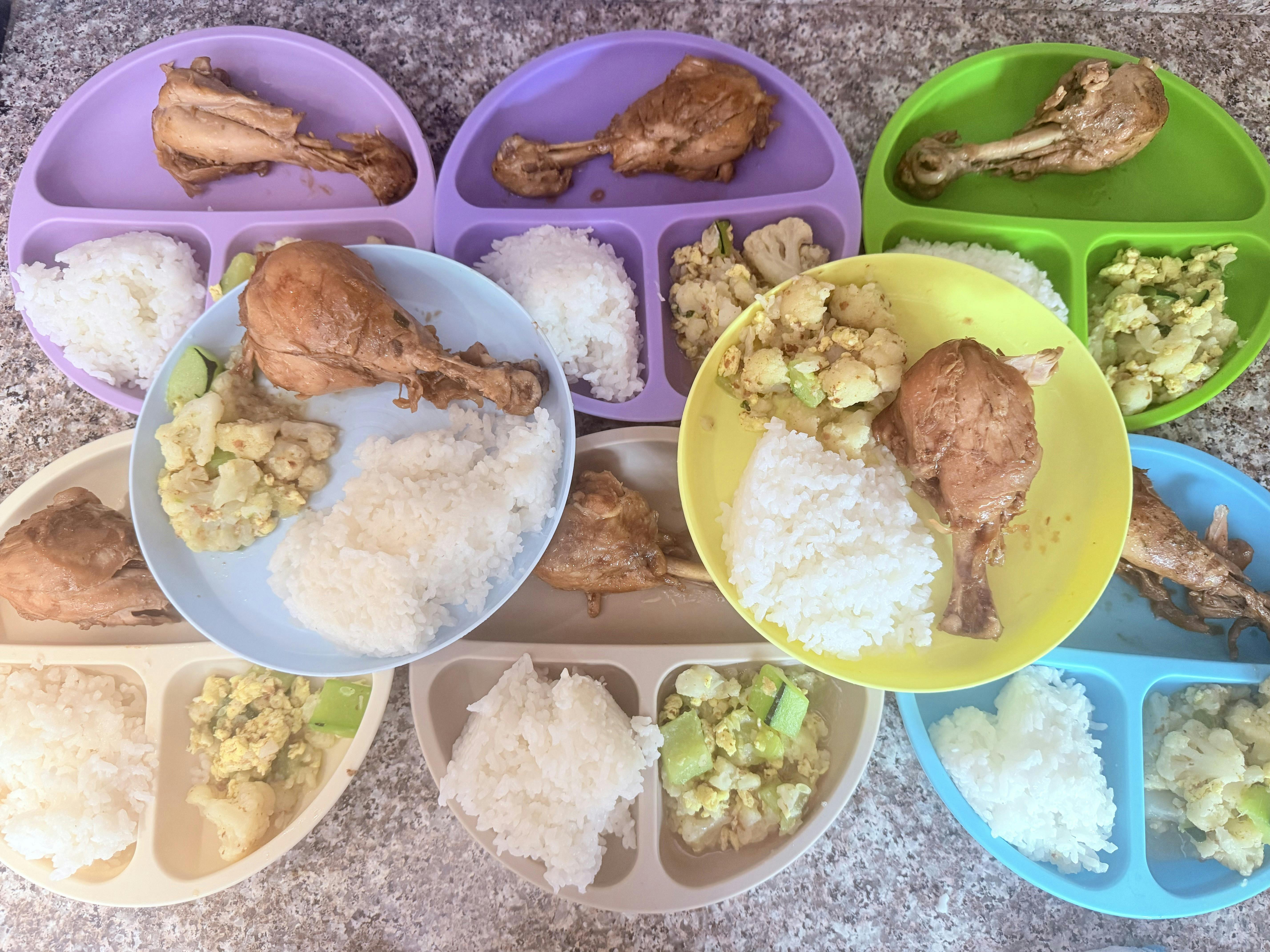 Several plates with servings of chicken drumsticks, white rice, and cauliflower