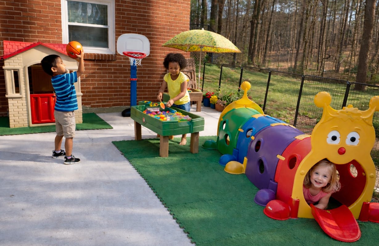 Children playing with a basketball hoop, water table, and caterpillar tunnel