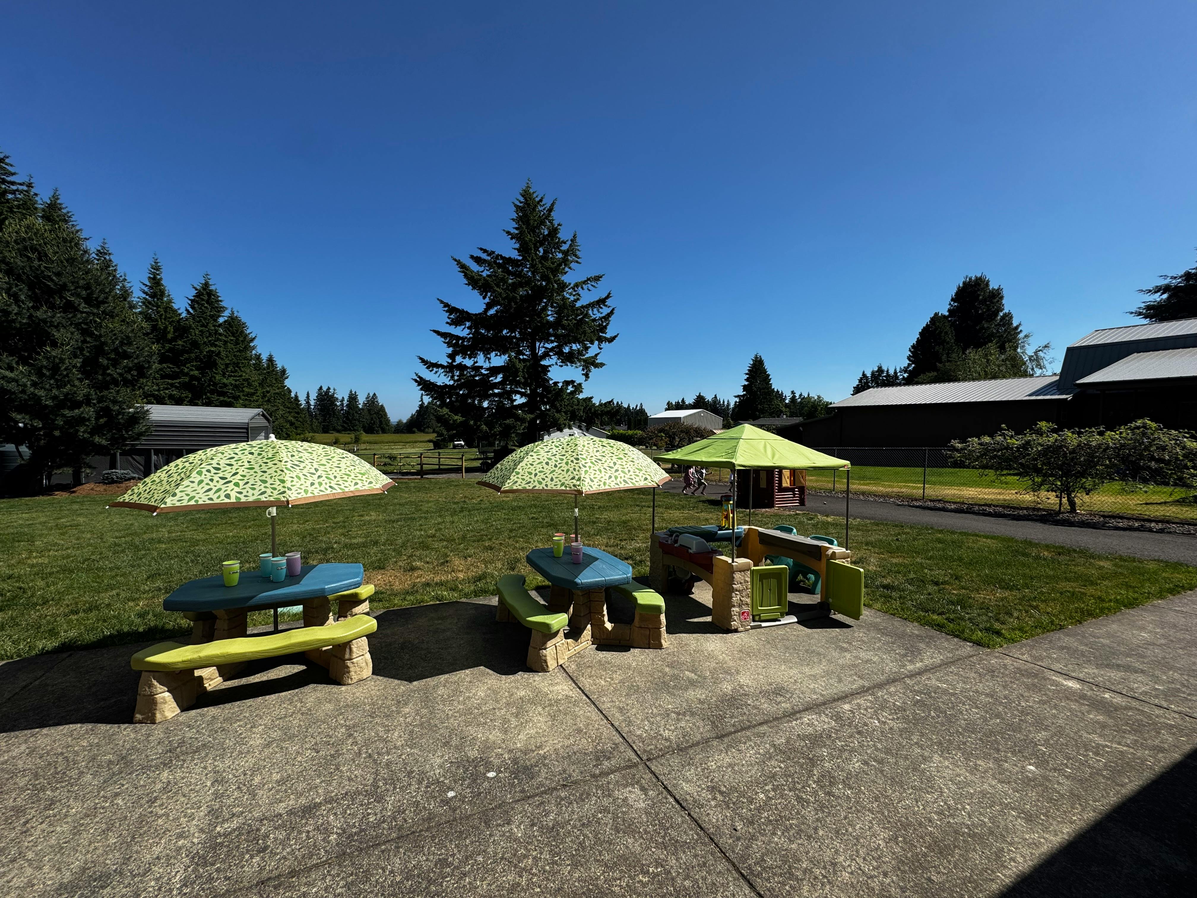 Picnic tables with umbrellas on a grassy area