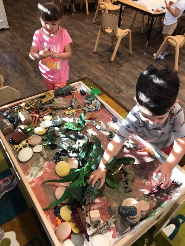 Two children playing with dinosaur toys in a sensory bin
