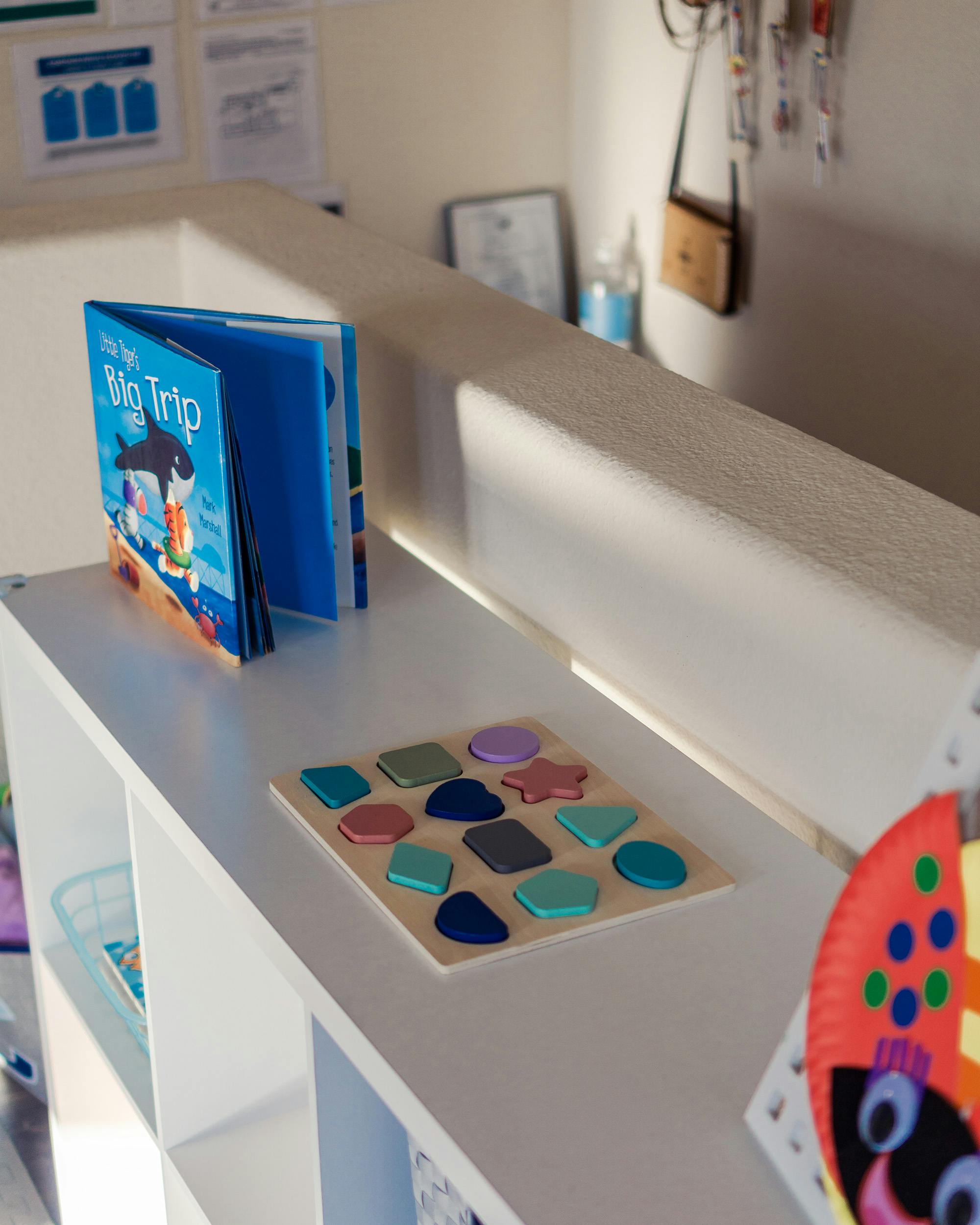 Children's book titled "Big Trip" and a shape puzzle on a shelf