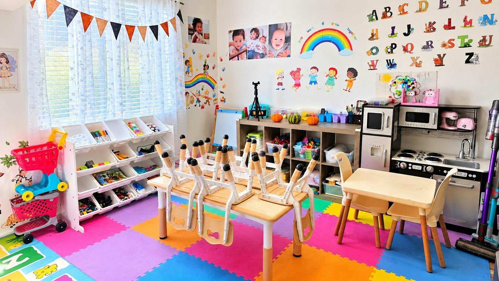 Colorful playroom with small tables and chairs for children