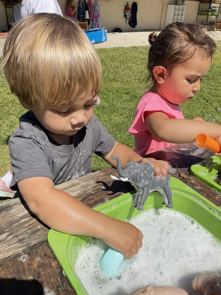 Two children playing with toy animals in soapy water