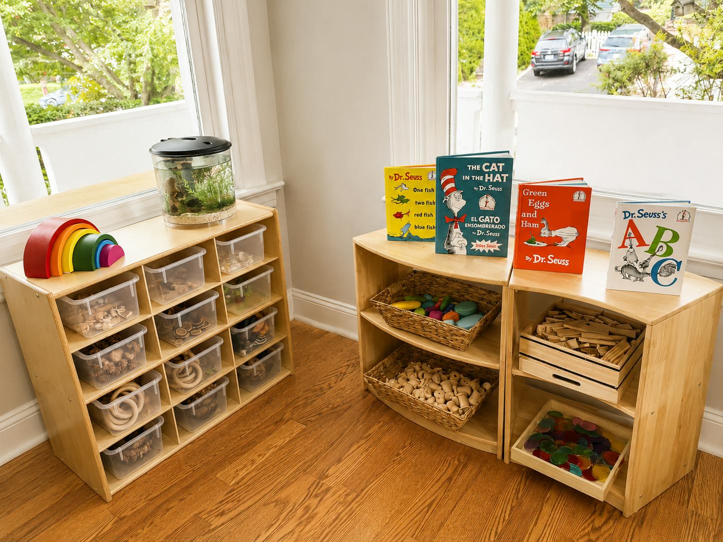 Wooden shelving units with children books and educational toys