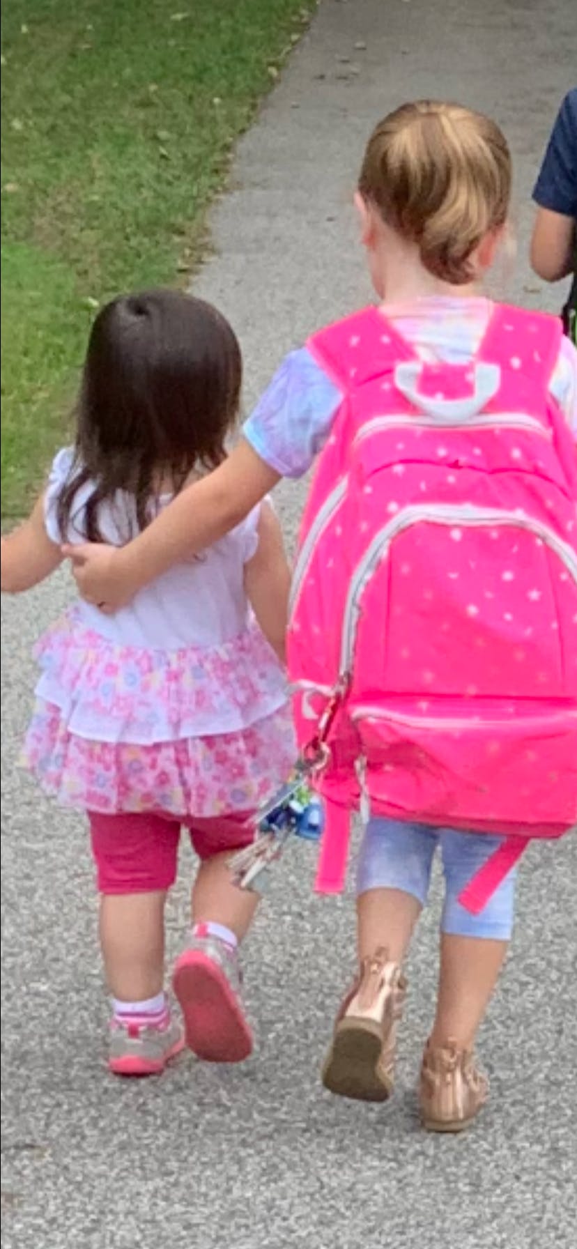 Two children walking away, one with an arm around the other