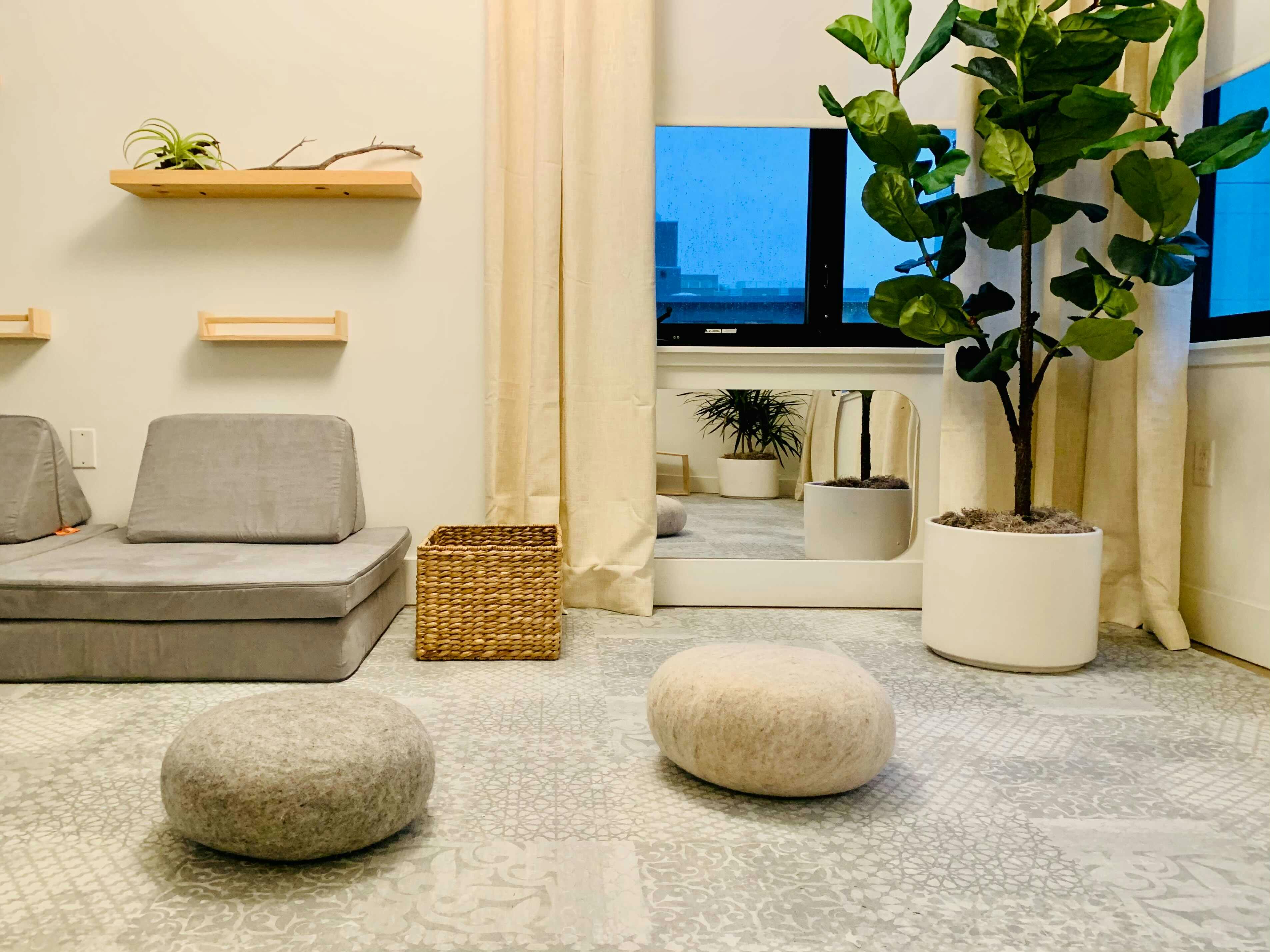 Living room with floor cushions, a plant, and a window