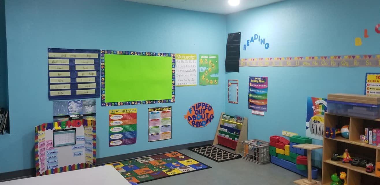 Classroom with blue walls and colorful educational posters