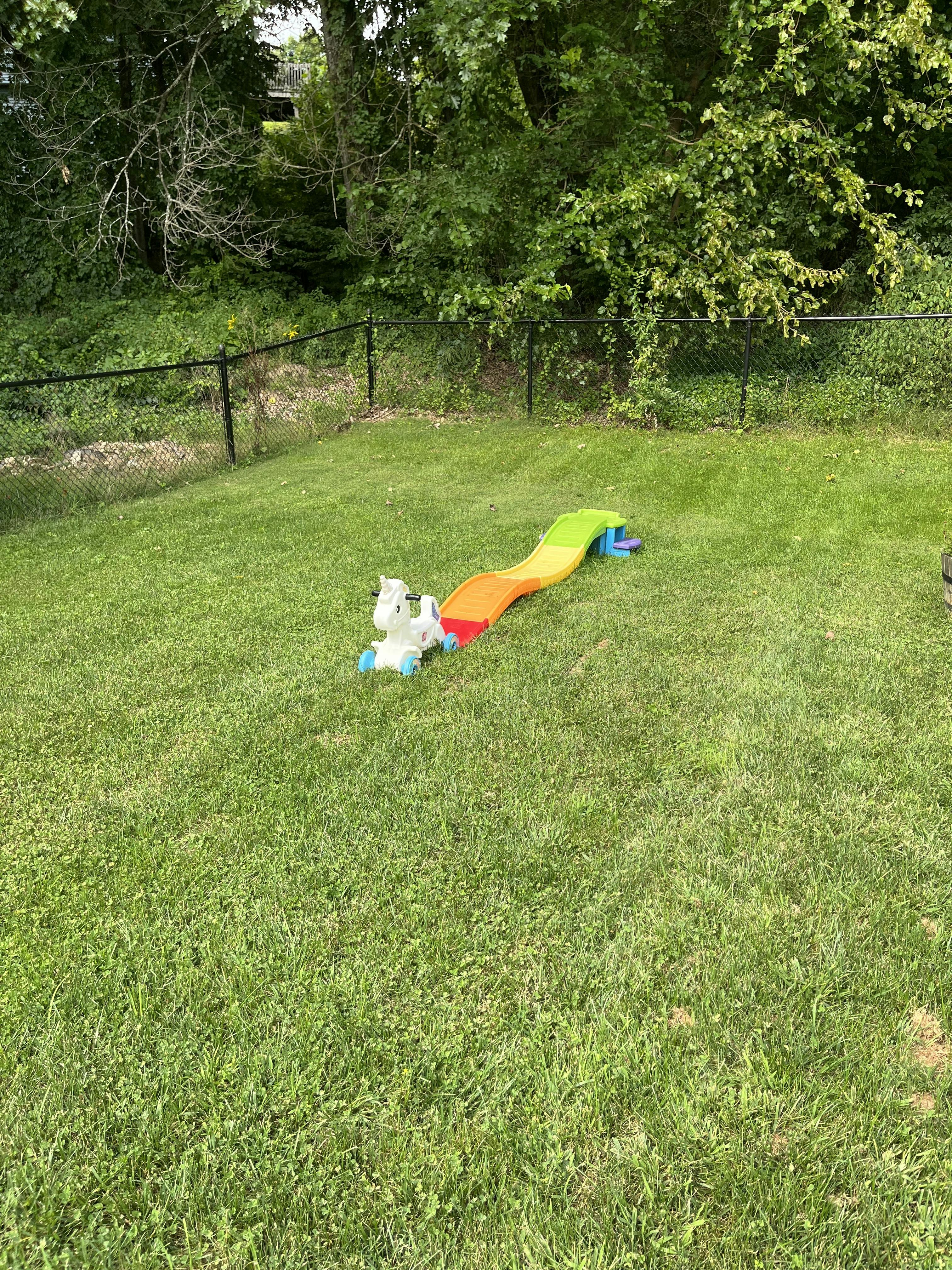 Unicorn ride-on toy and small ramp in a grassy backyard