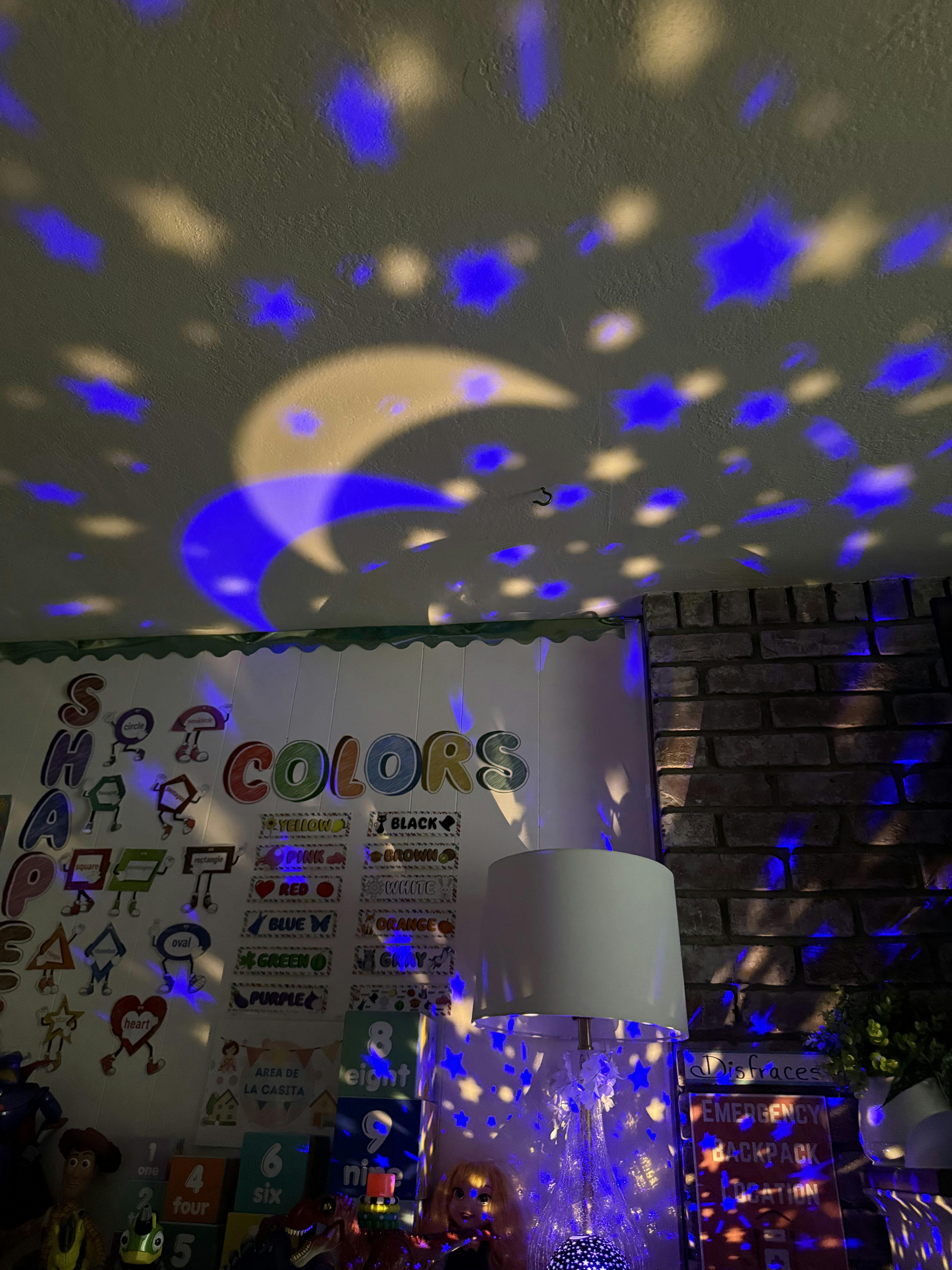 Moon and stars projected onto a ceiling