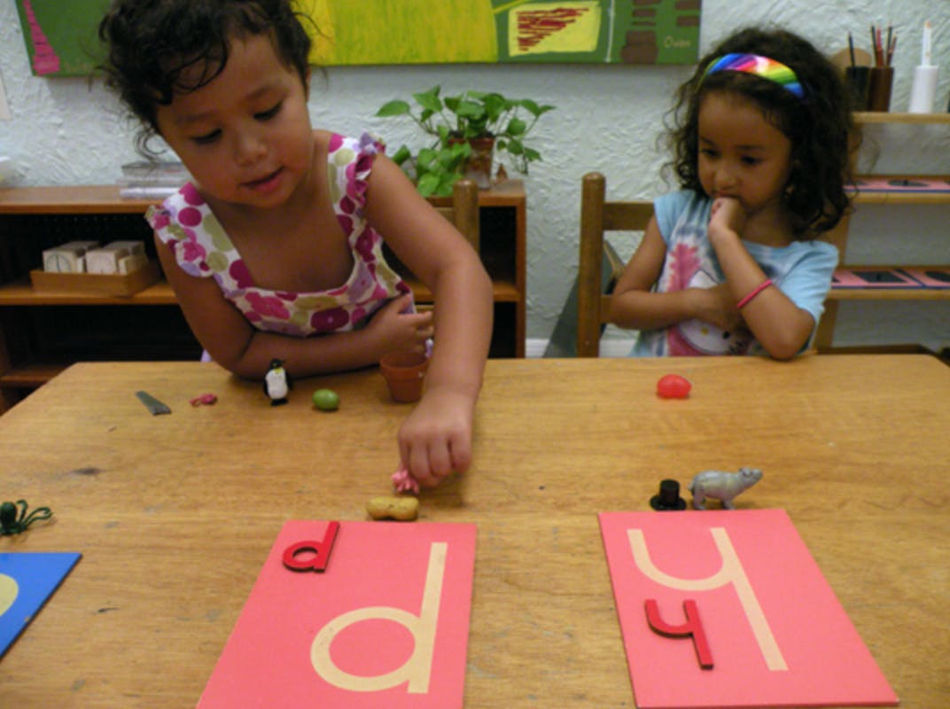 Two children at a table with letter cards and small objects