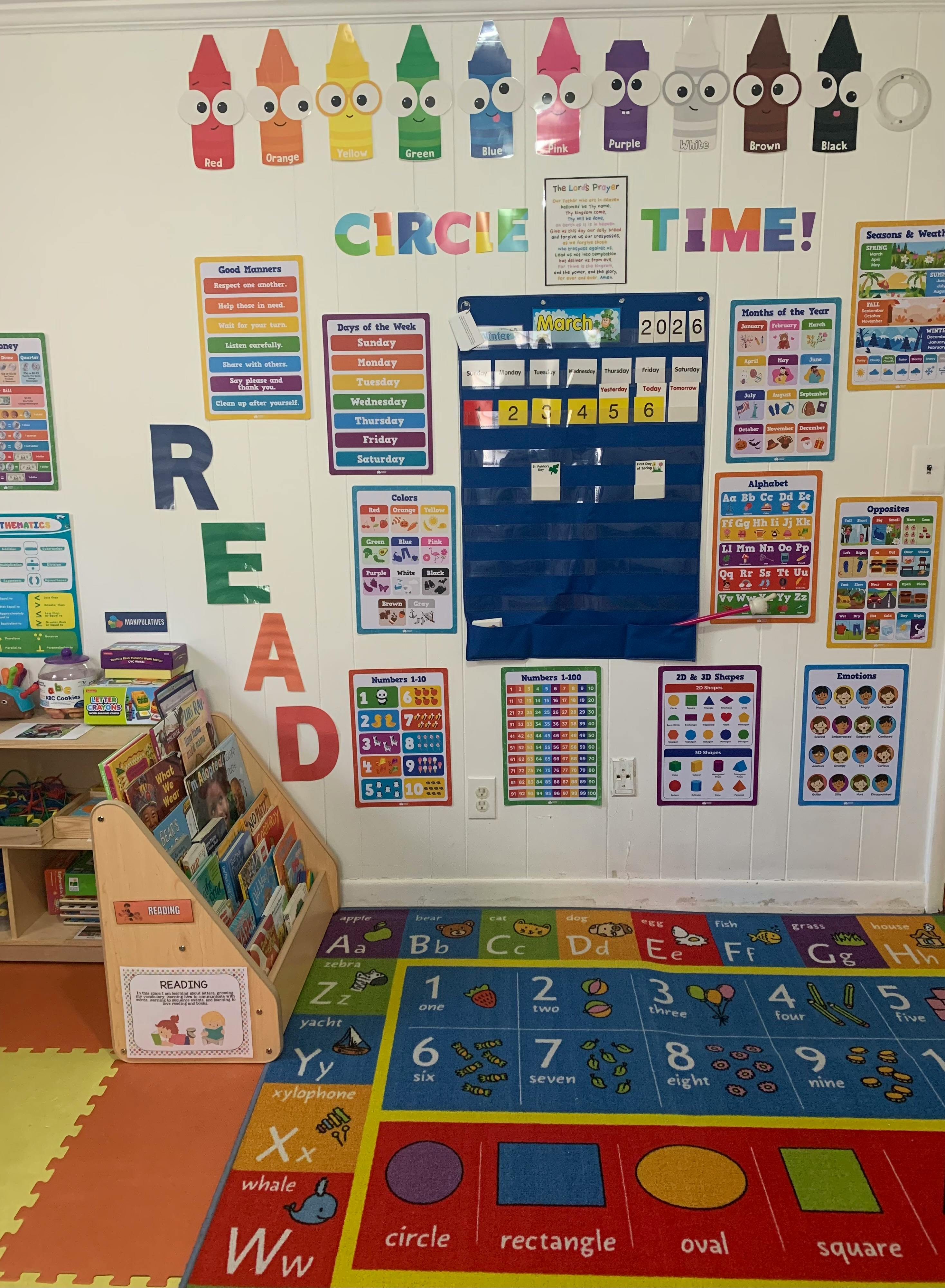 Classroom wall with educational posters and a rug