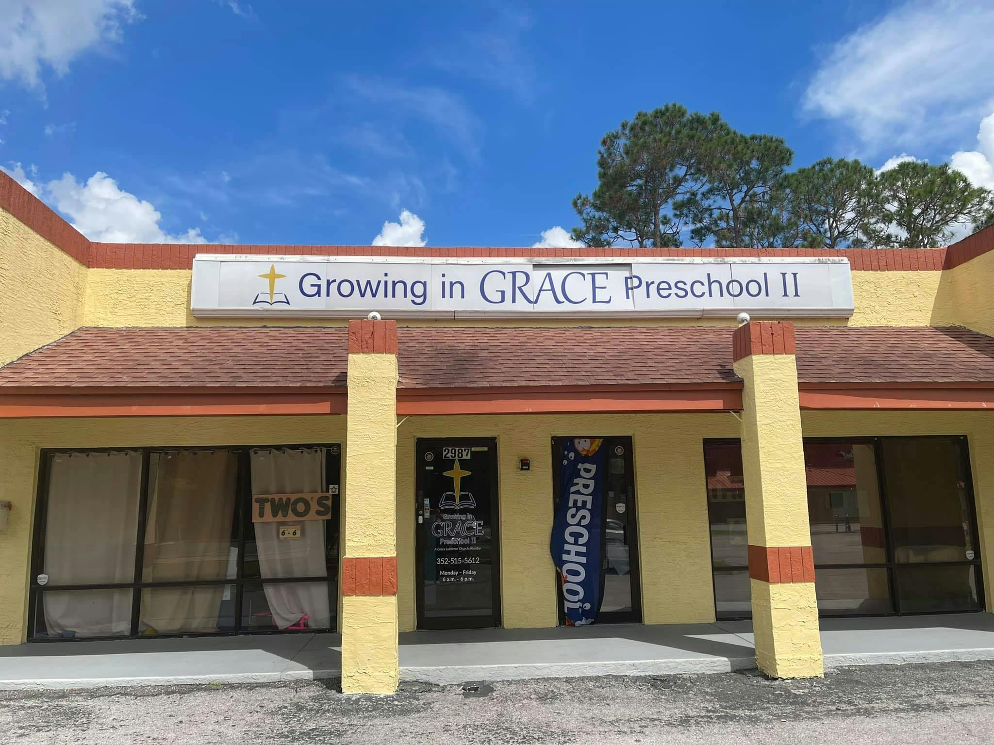 Growing in Grace Preschool II sign on a yellow building