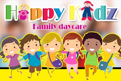 Happy Kidz Family Daycare logo with cartoon children holding hands