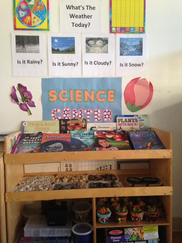 Science center with books and weather chart