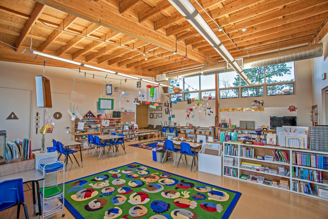 Empty classroom with small tables and chairs, colorful rug, and bookshelves