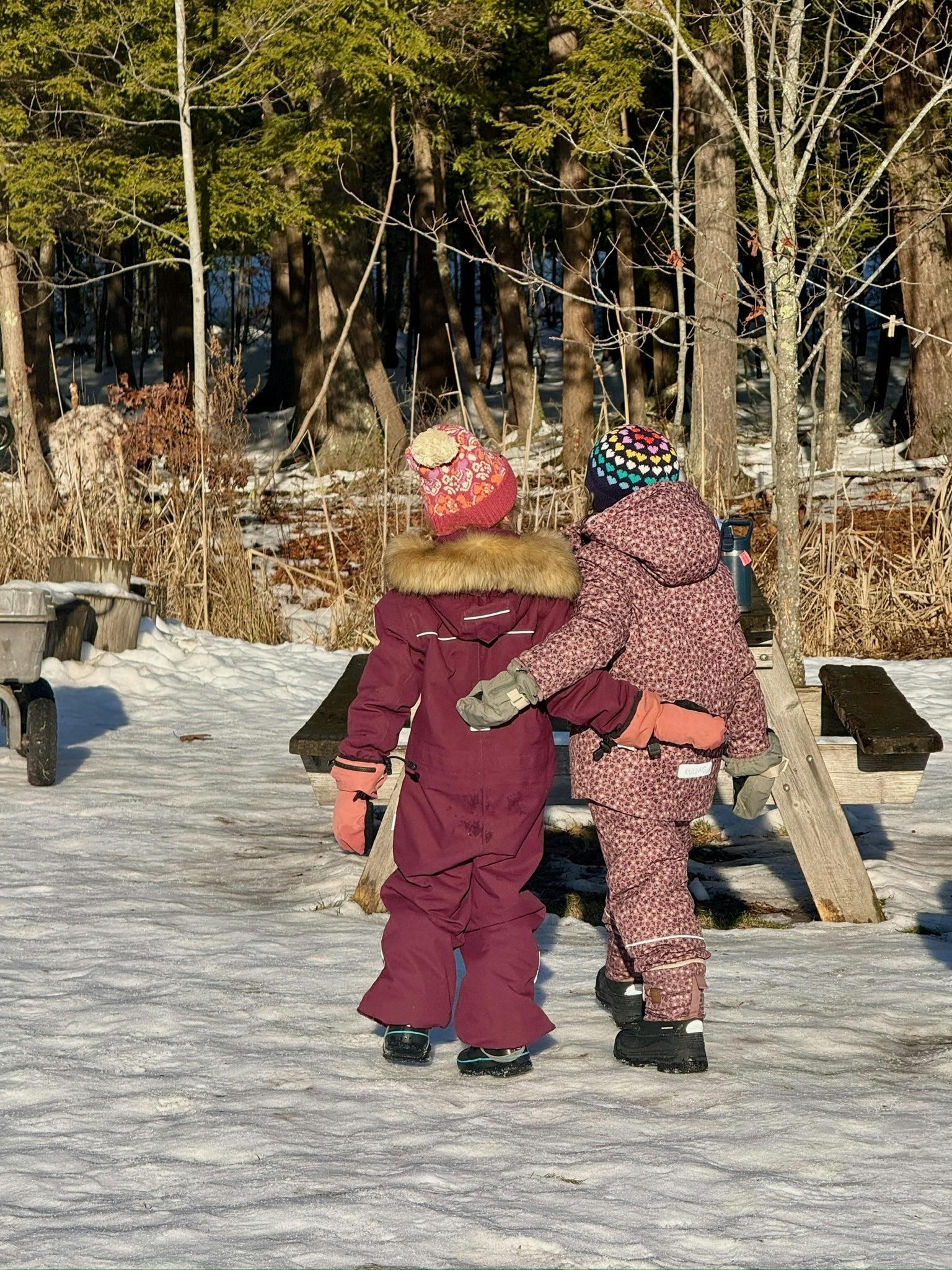 Two children in winter gear standing with arms around each other in the snow