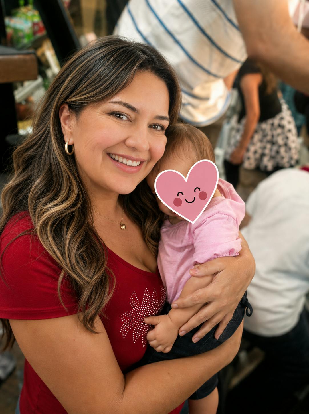 A person smiling while holding a child