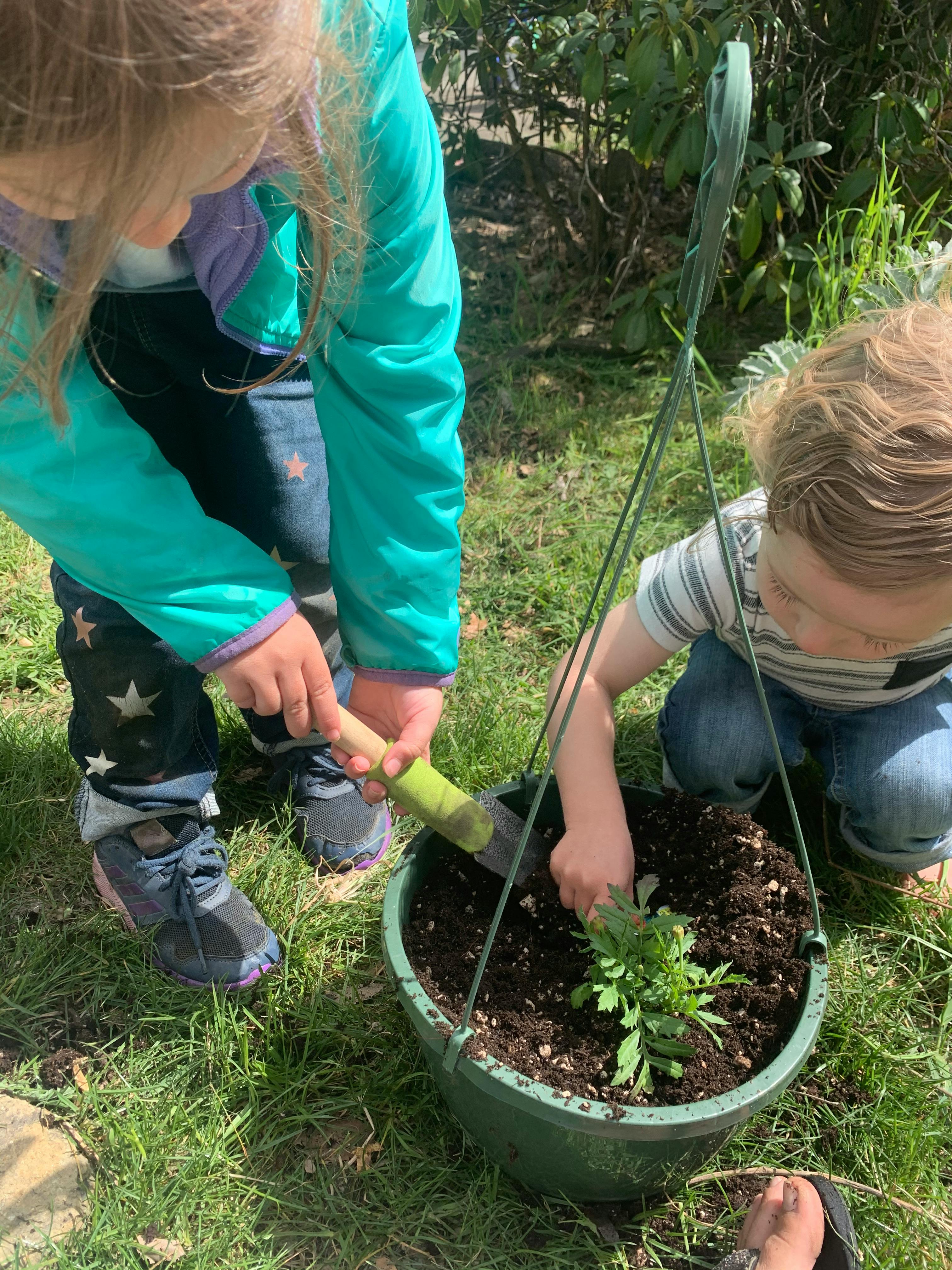 Two children planting a small plant in a hanging pot